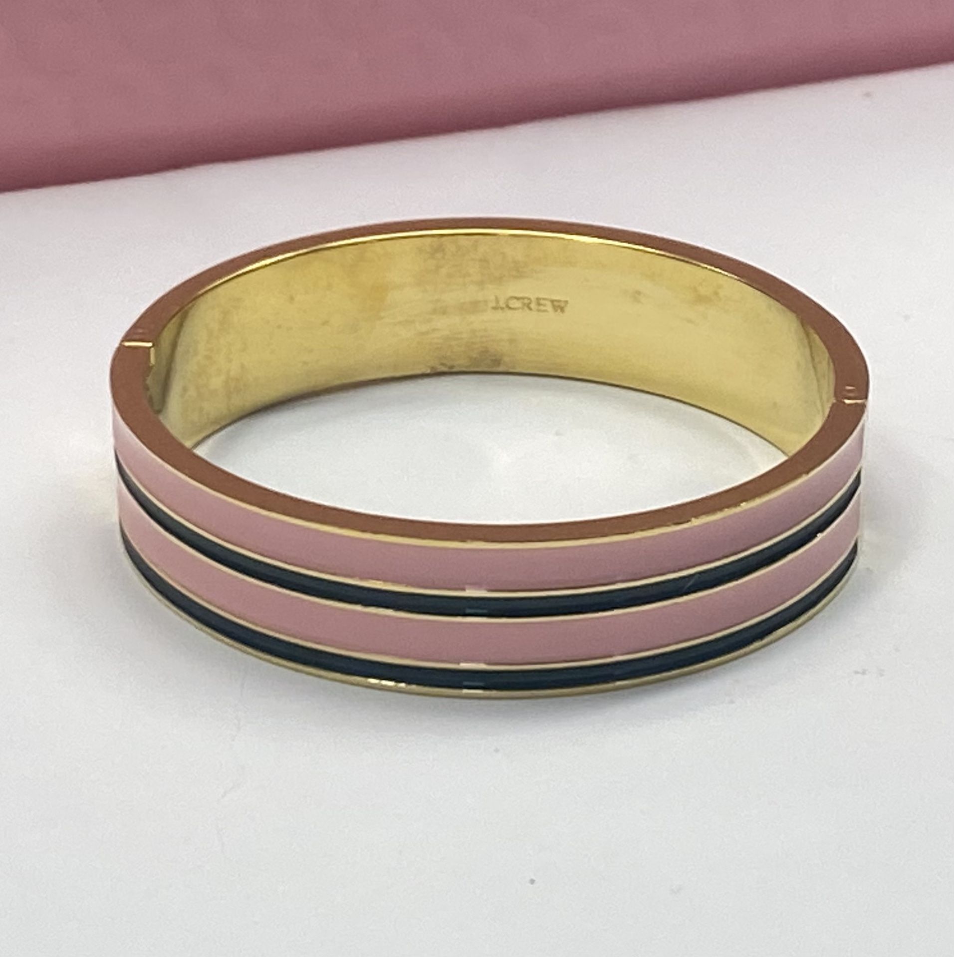 J. Crew Pink & Black Striped Clamp Clasp Bracelet, Beautiful !! 