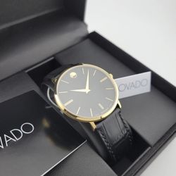 $795 MSRP | Movado Men's Ultra Slim Black Dial Leather Band  Watch - 0607173