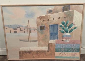 Vintage Lee Reynolds Southwestern Pueblo Hand Painted Canvas Painting 47x35.5