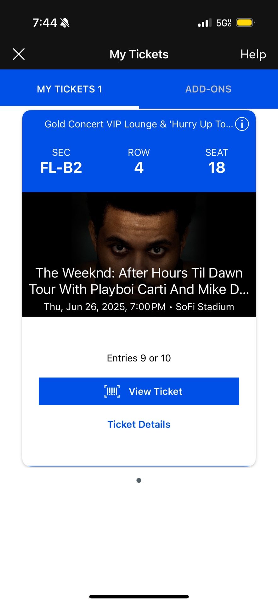 ONE GOLD VIP ROW 4 Ticket to the weeknd concert