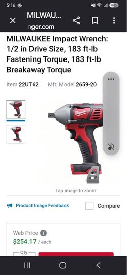 Milwaukee Impact wrench 1/2 inch driver size 183ft-lb and battery 5 Ah