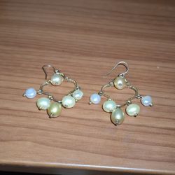Vintage Real Freshwater Pearls On Gold Plated Sterling Silver Earrings 