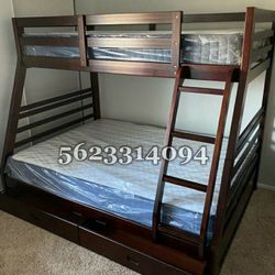 TWIN/FULL EXPRESSO BUNKBED W. ORTHOPEDIC MATTRESSES INCLUDED 