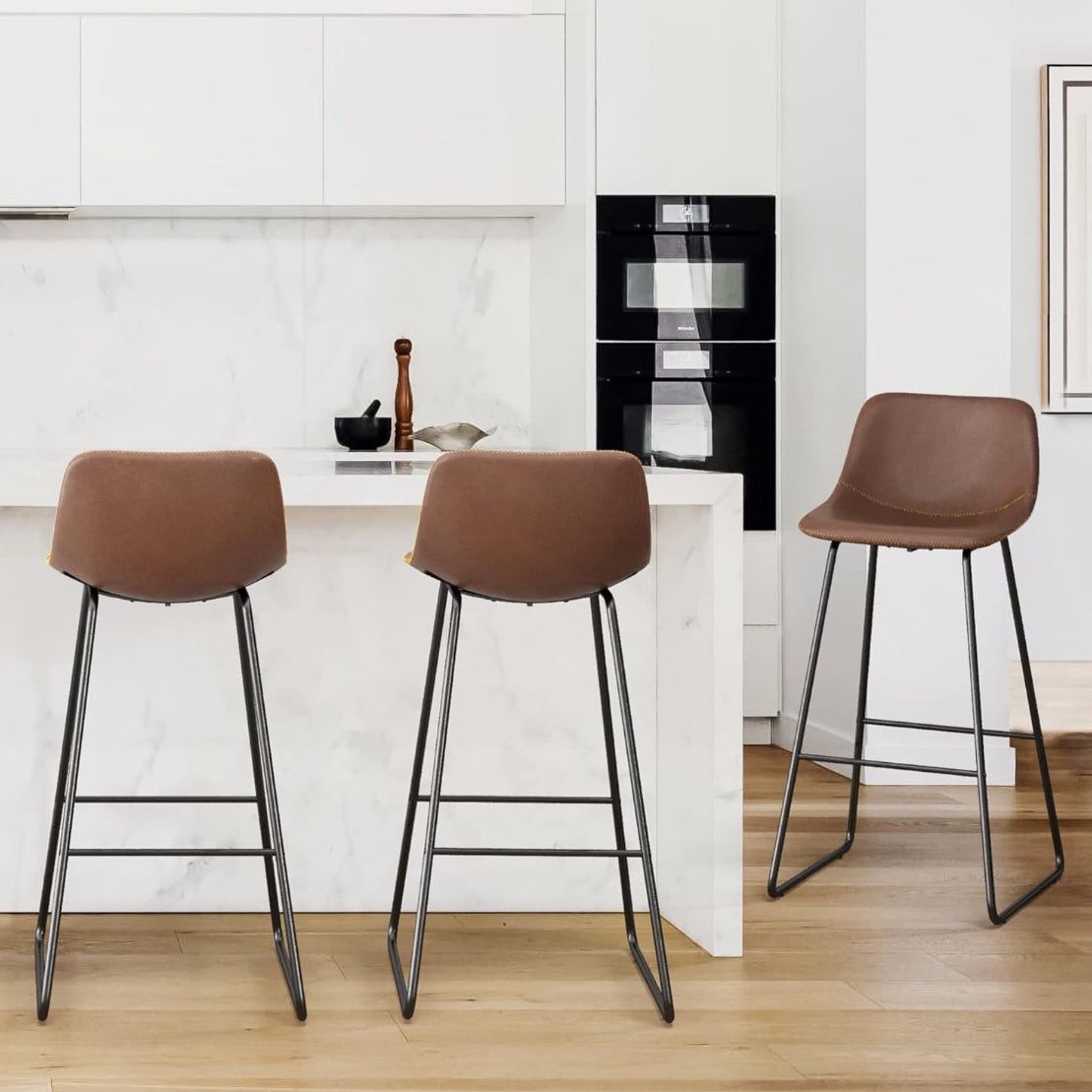Reduced - Bar Stools Set of 3, 30" ALX Faux Leather Barstools, Modern Counter Height Stools with Back and Metal Legs, Armless Counter Chairs for Kitch