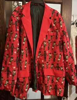 Men's Christmas Suit - LIGHTS UP Ugly Holiday Festive Nutcracker MotifOutfit - Includes Blazer, Pants XXL Poly 32” Shoulder to Hem, 16” Underarm to He