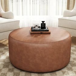 CHRISTOPHER KNIGHT HOME Cognac Brown PU Faux Leather Modern Round Accent 30 in. Ottoman