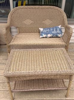 Wicker bench with table