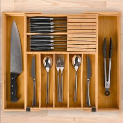 Silverware Organizer Expandable Bamboo Drawer Organizer with Non-Slip Stainless Steel Locking Clips, Kitchen Utensil Holder with Knife Block, Adjustab