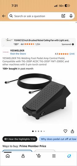 YESWELDER TIG Welding Foot Pedal Amp Control Pedal, Compatible with TIG-200P ACDC TIG-205P YWT-200DC and other machines with 5-pin torch control