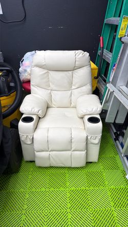 Kids Cream Leather Recliner Chair with Cup Holders