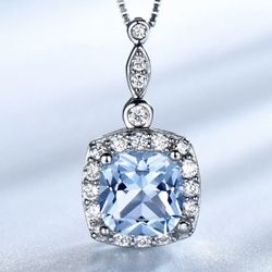 Silver Pendant Nano Crystal Blue Topaz W/chain