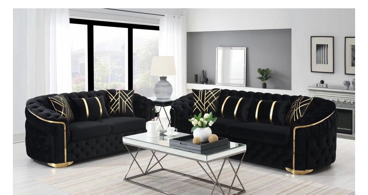 New Black Velvet Gold Details 2pcs Living Room