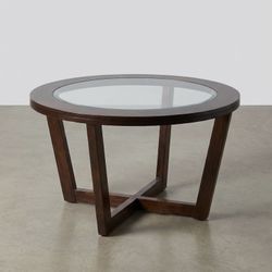 Large 42" Round Coffee Table - Dark Wood & Glass - Cross Base