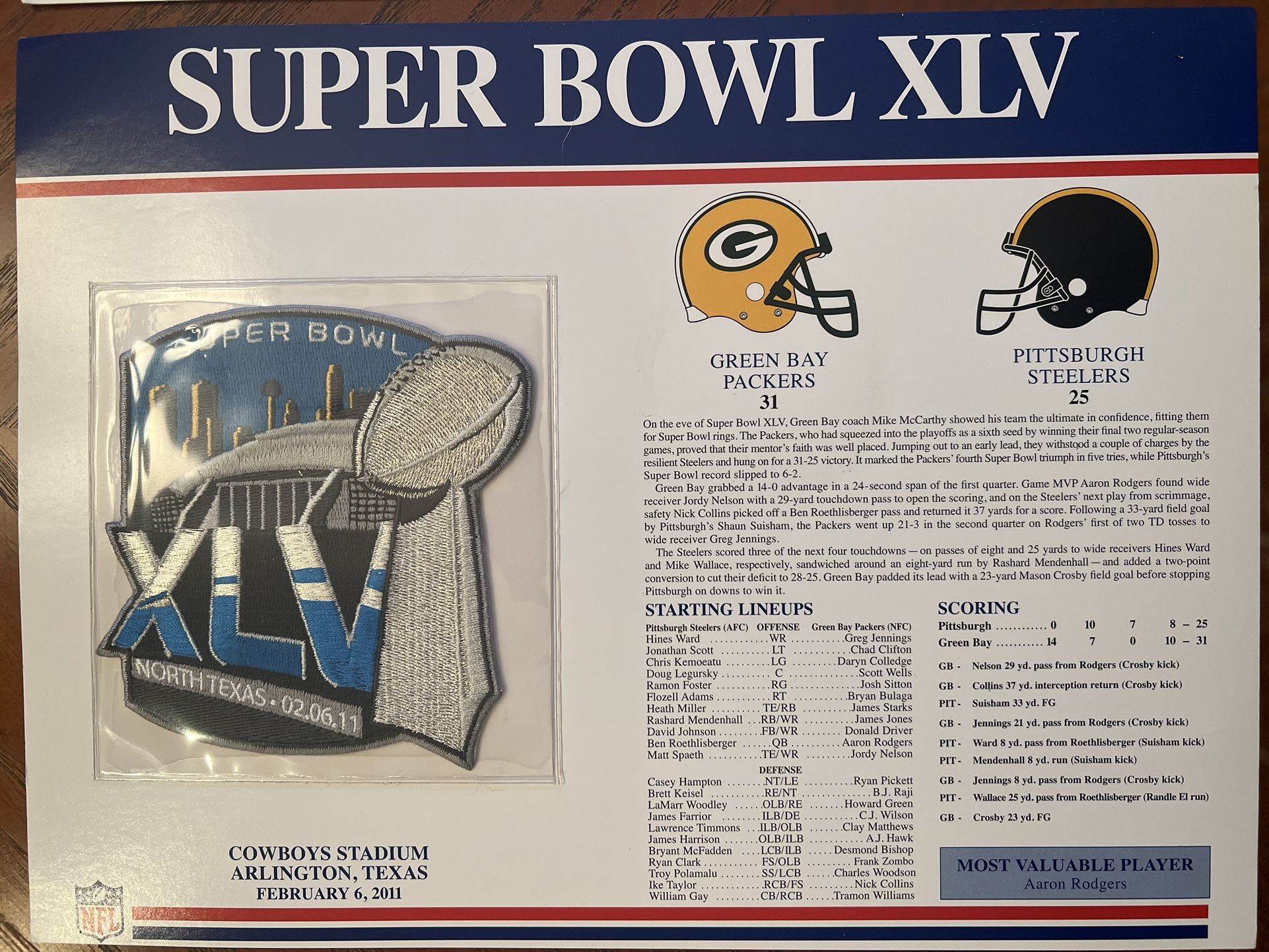 NFL Super Bowl XLV Official Patch with stat page, Green Bay Packers versus Pittsburgh Steelers, in Arlington, Texas at Cowboys stadium
