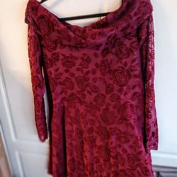 JUNIORS XL VELVET FLOCKED ROSES OFF SHOULDER DRESS