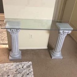 Contemporary Console Entry Table Or Tv Stand  28”H  Greek Columns With 48” Long Thick Removable Glass Top Pickup Gaithersburg Md20877