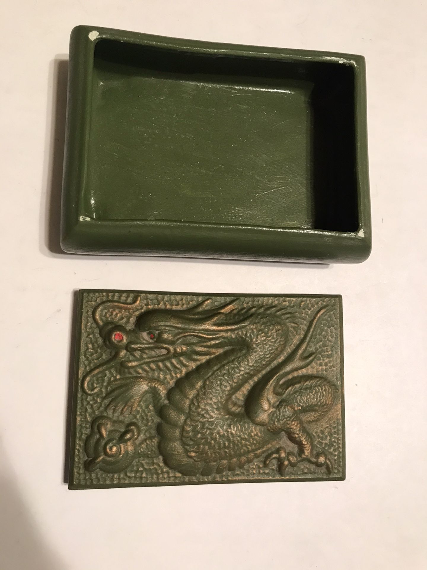 1980’s Vintage Jamar Mallory Green & Gold Ceramic Dragon Trinket Box