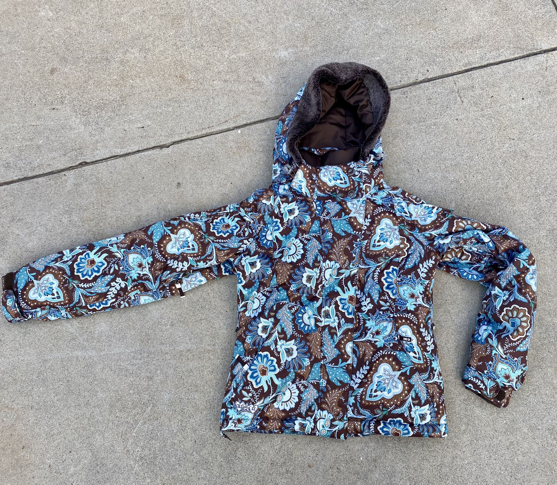 Women’s Brown/ Blue Floral Cold As Ice Snowboarding Hooded Jacket Size XS