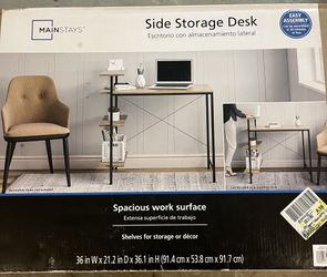 Mainstays Side Storage Desk Spacious Work Surface Light Shade Wood Pattern -NEW Unopened In original box