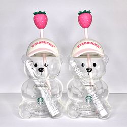 Set of 2 Viral Starbucks Pink Strawberry Bearista Glass Cups