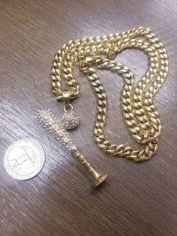 Baseball Bat & Ball Cuban Link Chain 24" Stainless Steel