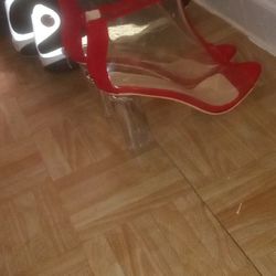 Ladies Red See Thru Or Clear Heels 👠 Sz 10