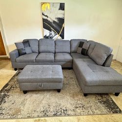 Gray 4-Seater Sectional Sofa with Ottoman