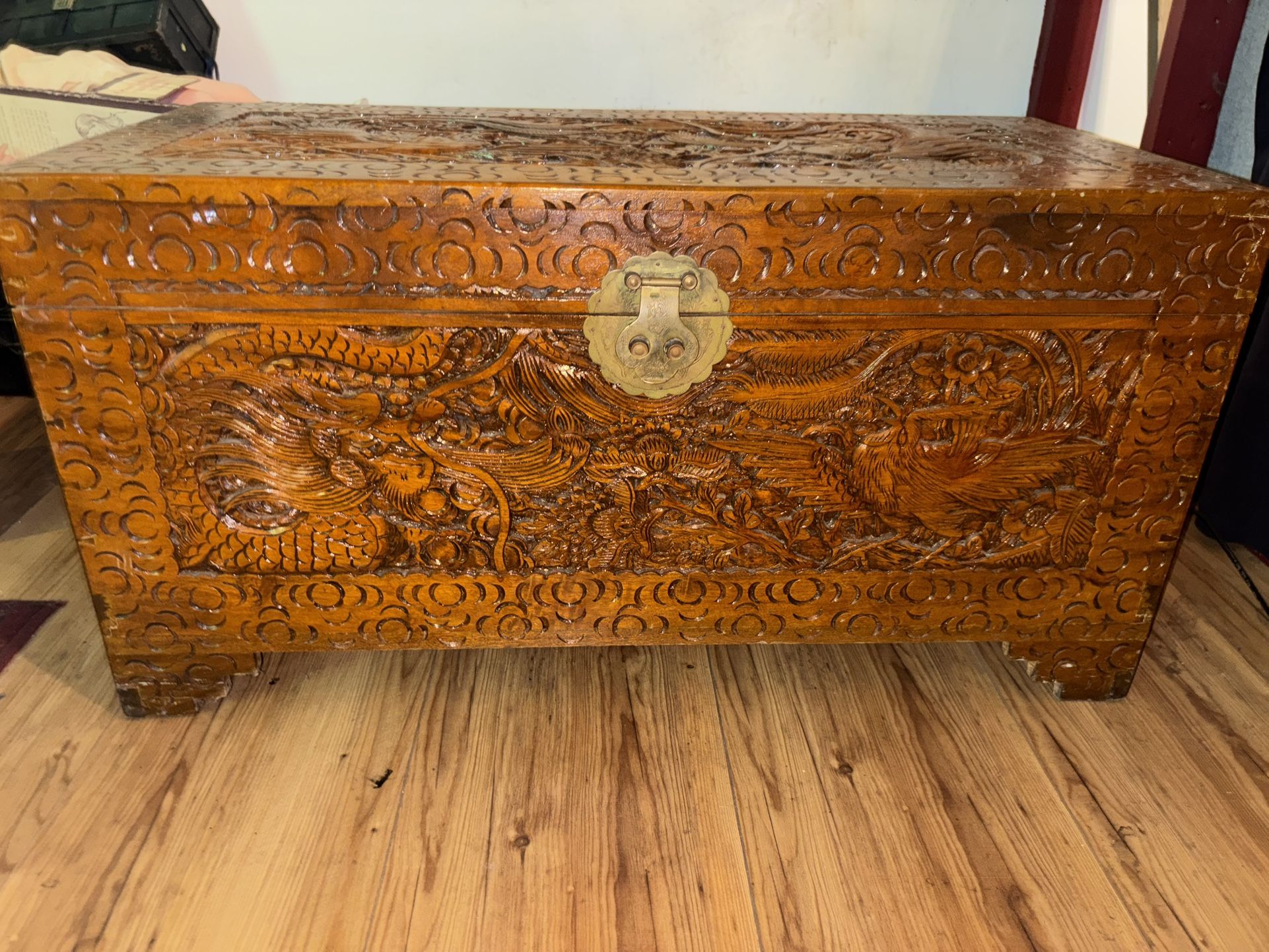 Vintage Hand-Carved Camphor Chest – Dragon & Phoenix Design (1950s–1970s)