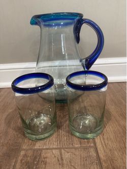 Blue Lined Pitcher & two glasses