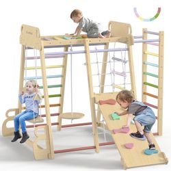 Indoor Playground 9-in-1 Jungle Gym Kids Climbing Toys, Montessori Philosophy Waldorf Style Wooden C