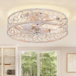 18 in. Indoor Elegant White Gold Quiet Flush Mount Caged Ceiling Fan with Remote Control Included