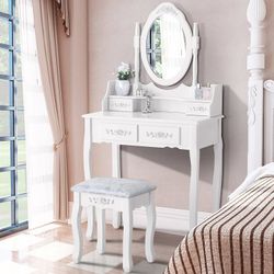 White Vanity Makeup Wooden Table For bedroom women teenager college students bathroom makeup