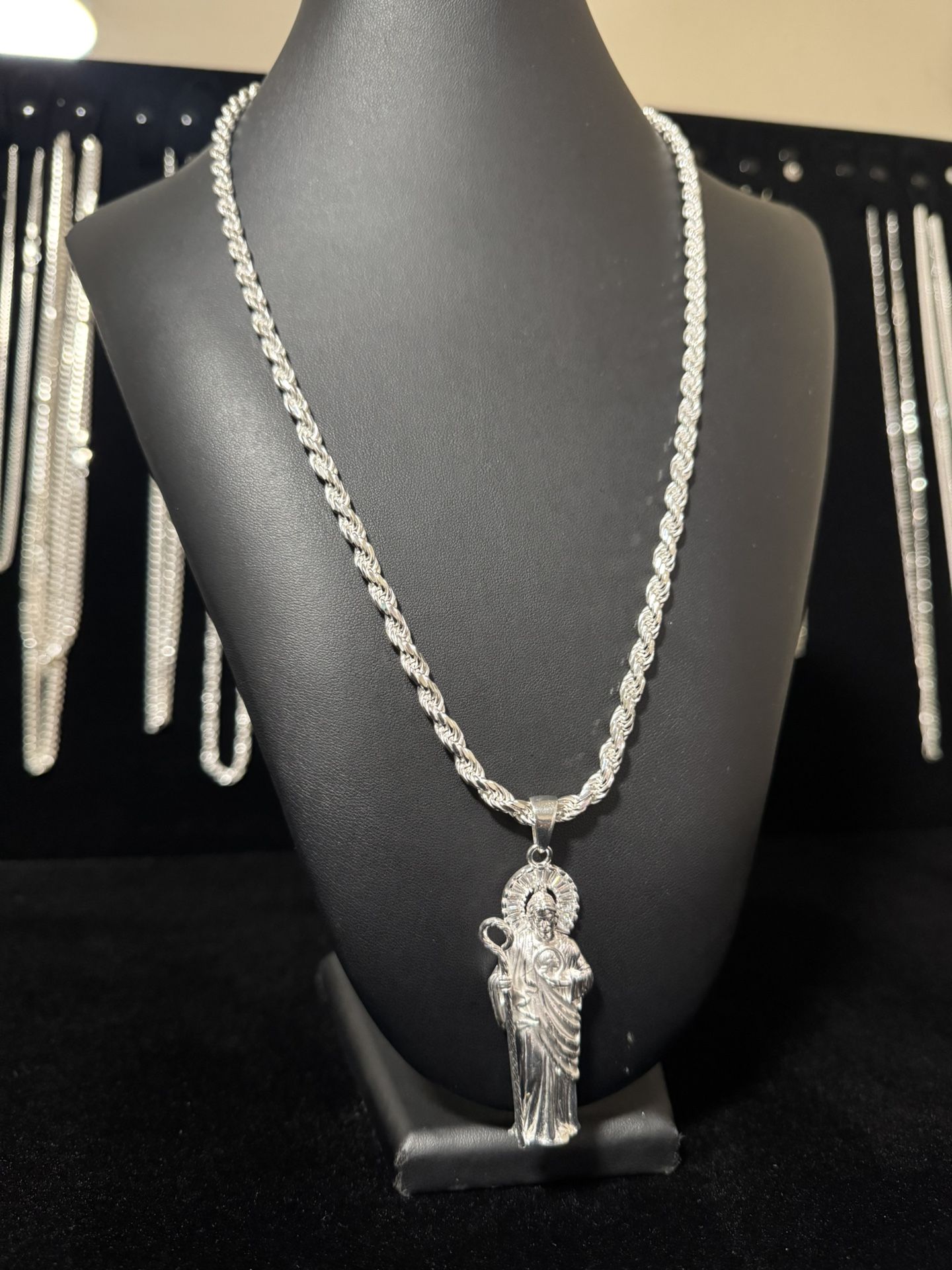 925 Italian Silver Rope Chain With San Judas With Stones