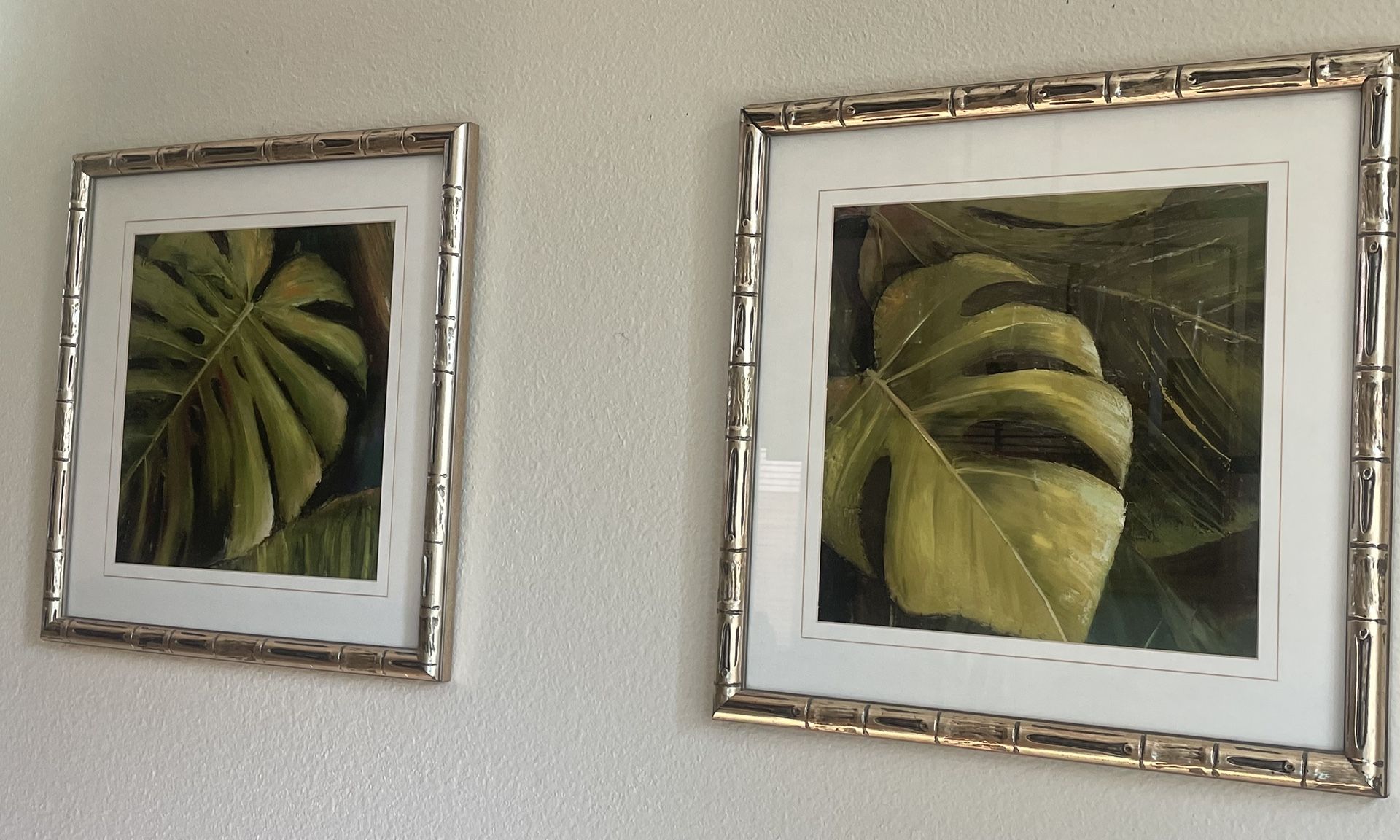 Pair Of Gold Bamboo Framed Monstera Leaf Prints