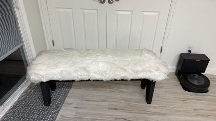 White Faux Fur Bench with Black Legs