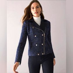 White House Black Market Blue Gold Sequin Tweed Moto Biker Blazer Suit Jacket 4
