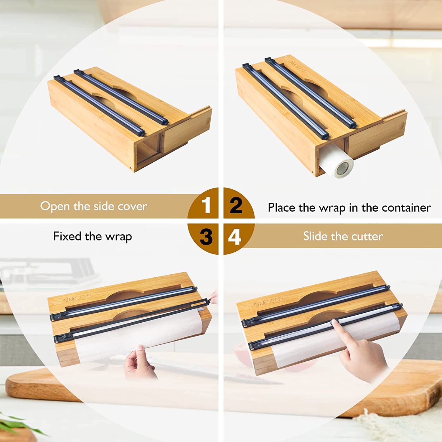 Foil and plastic Wrap Dispenser with Cutter, 2 in 1 Wrap Dispenser, Parchment, Wax Paper and Aluminum Foil Dispenser for Kitchen Drawer, Bamboo Wrap D