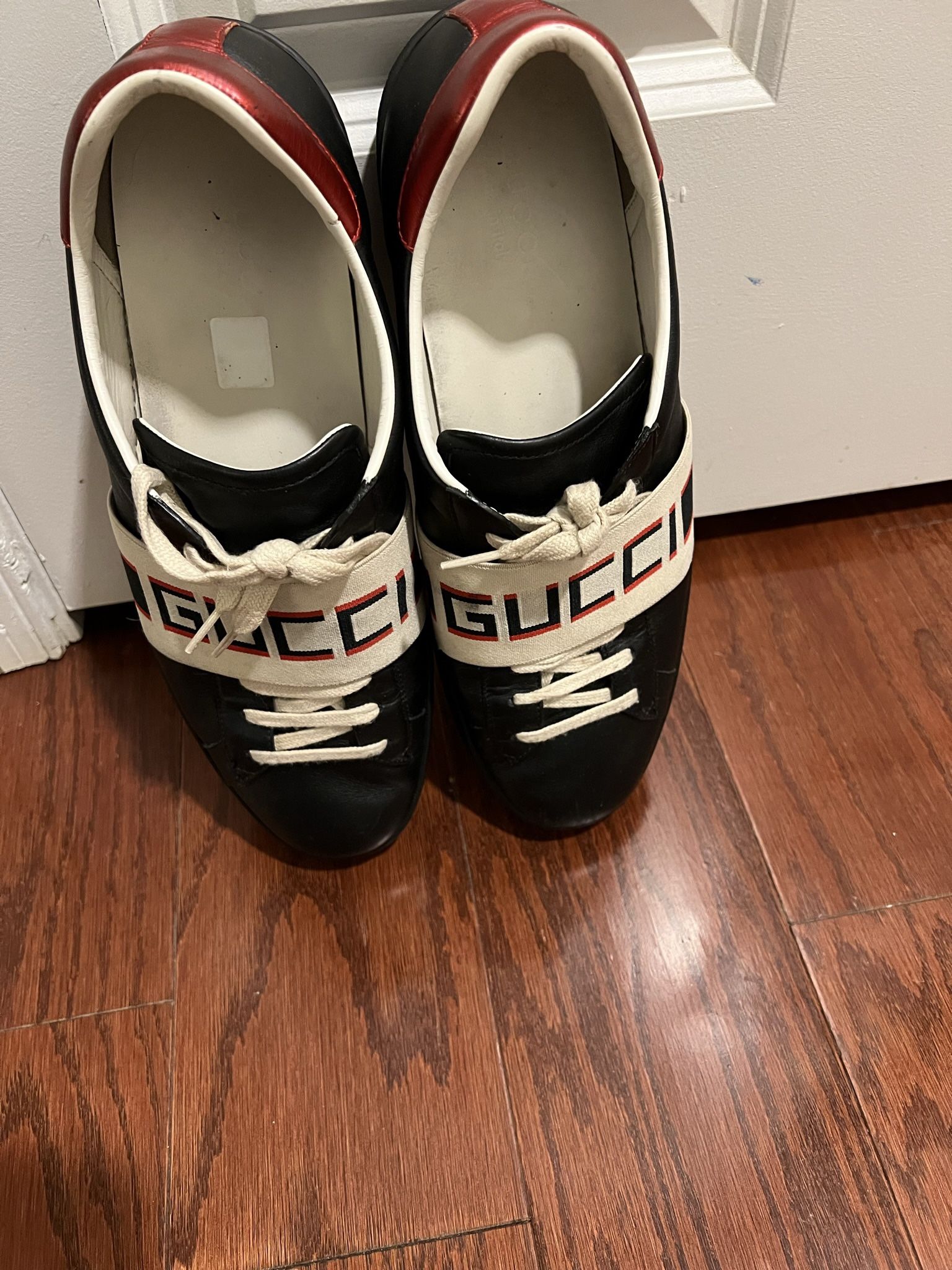 Gucci Ace Stripe Black Leather Elastic Band Sneaker Mens US 11