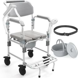 4-in-1 Bedside Commode with 5" Wheels, 330 lbs, Shower Wheelchair , Flip-Up Armrests, 6L Bucket
