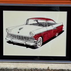 Mid-Century Classic Car Art Print – Framed 1950s American Car Illustration