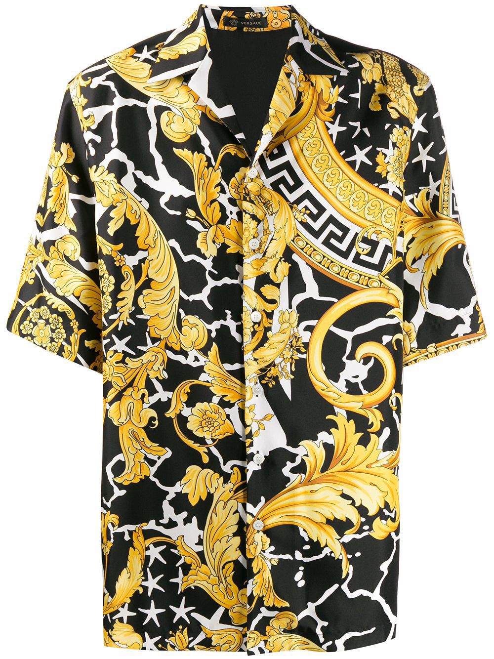 Versace Black & Yellow Barocco Print Short Sleeve Shirt Size L