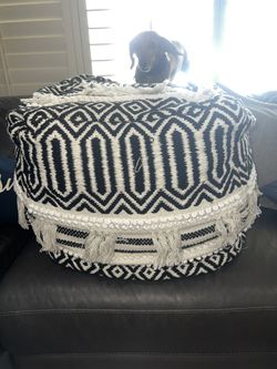 Ottoman Pouf Large Boho Tassels Black & White 