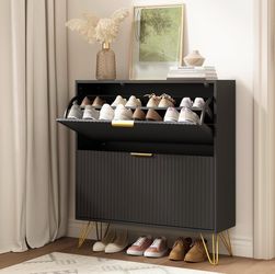 Set of 2 Black Fluted Shoe Cabinets – Modern Entryway Storage