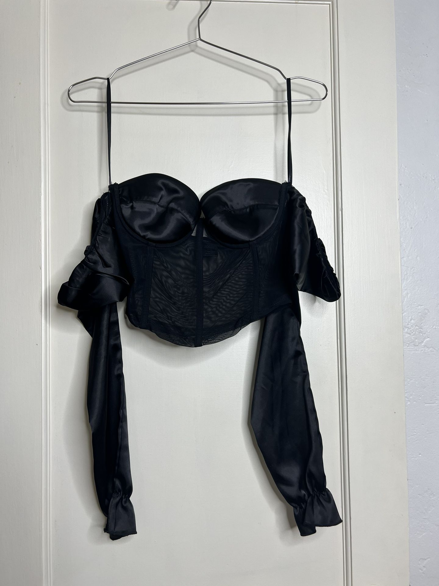 OW Shirt Womens Black XS Intimates Shae Puff Top Caviar Corset Sexy Satin Mesh