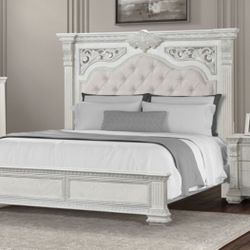 4pc White Bedroom Furniture Set - Queen Bed Dresser Mirror Nightstand 