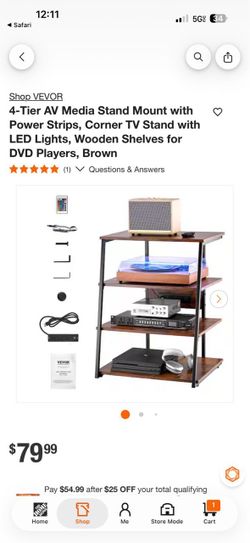 Shop VEVOR 4-Tier AV Media Stand Mount with Power Strips, Corner TV Stand with LED Lights, Wooden Shelves for DVD Players, Brown