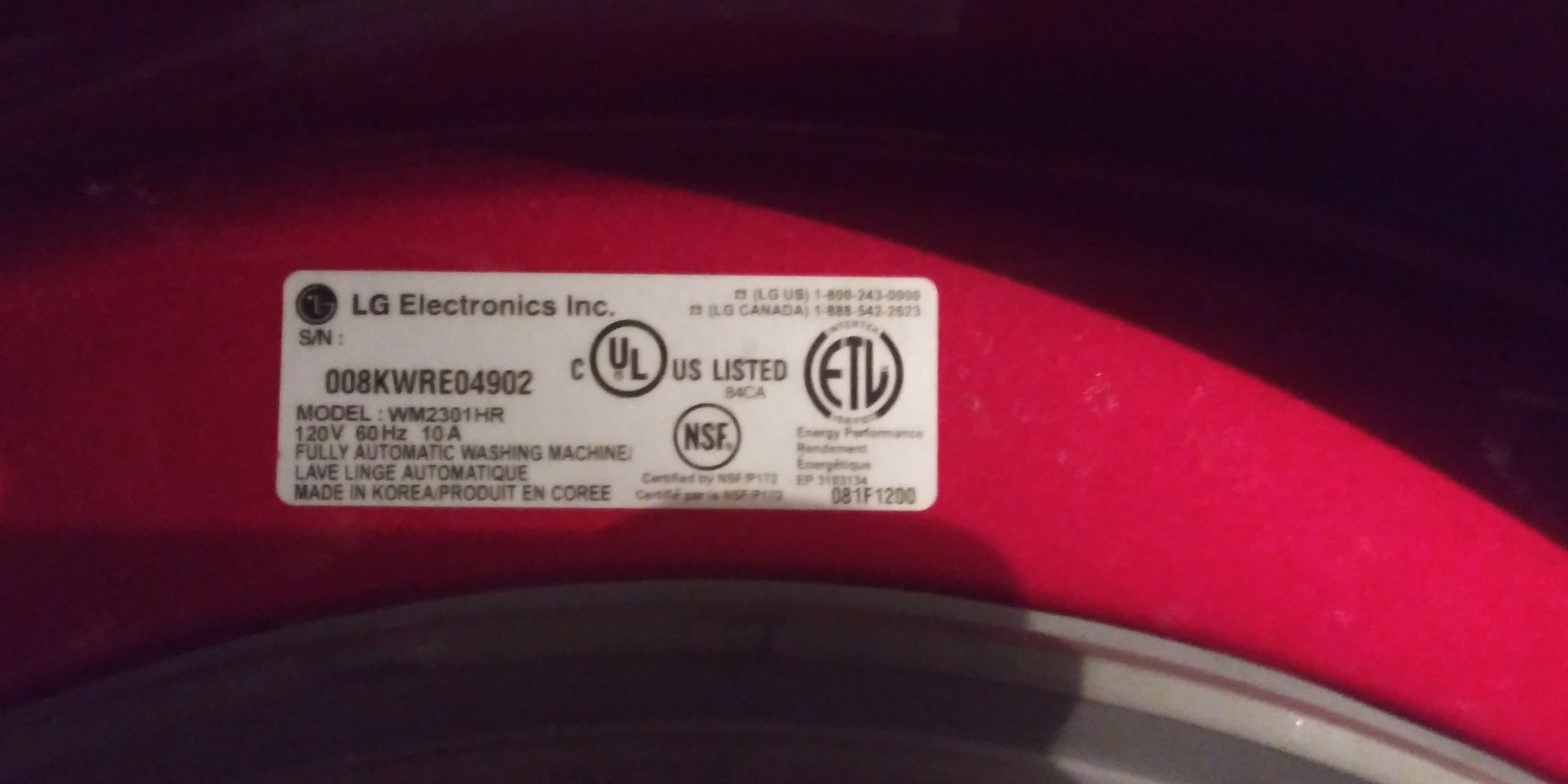 Lg wm2301hr front load washer