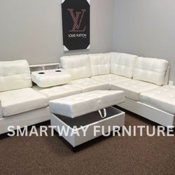 Sectional White Linen W Ottoman Sale 