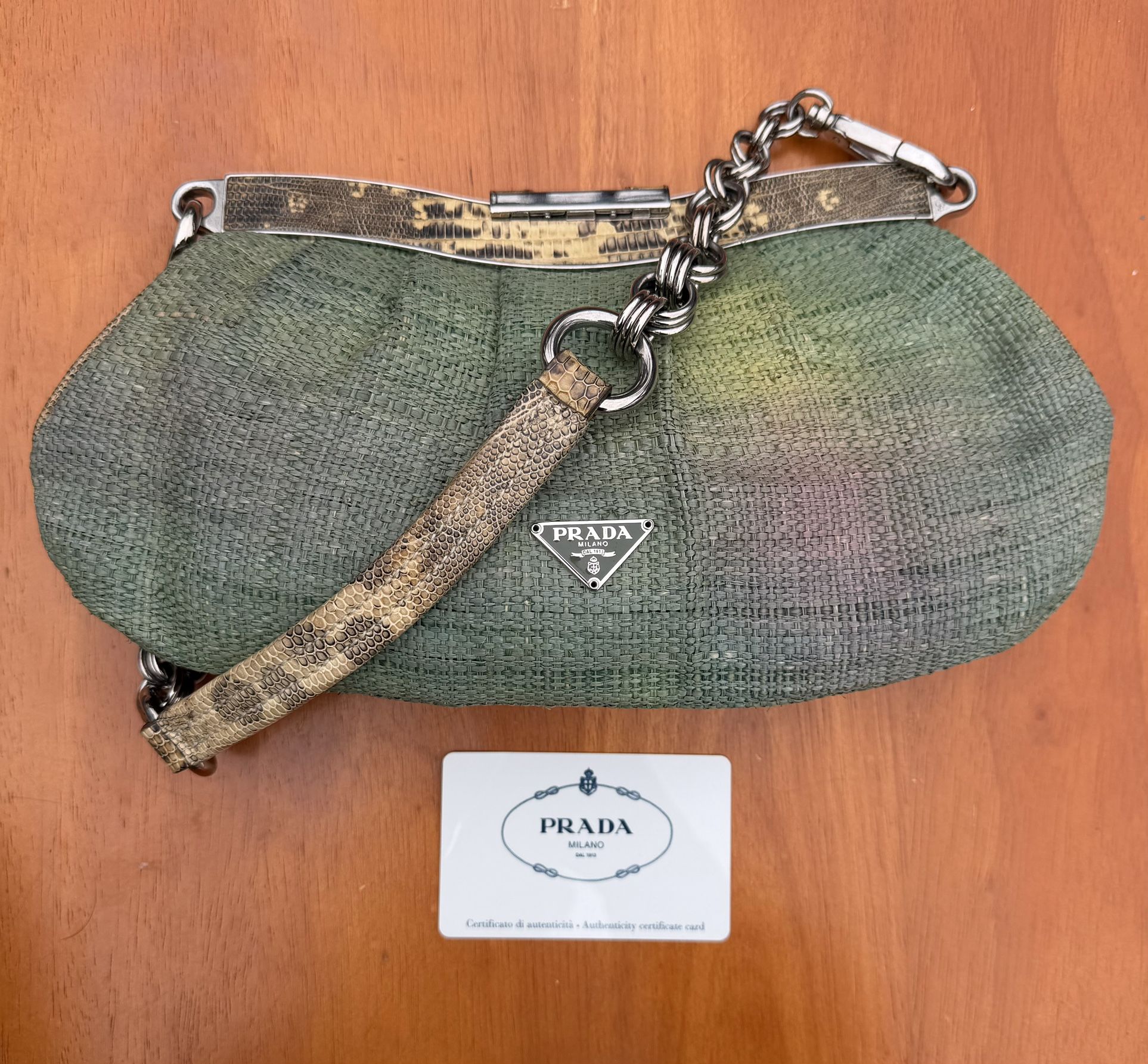 Rare Vintage Prada Raffia & LizardLeather Bag