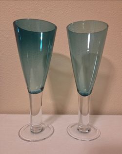 2 Handblown Seagreen Champagne Glasses